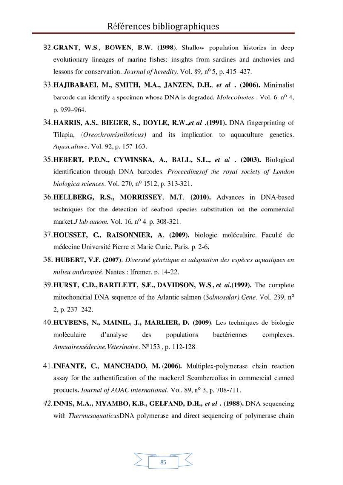Recherche bibliographique sur les techniques de génétique moléculaire et leurs applications dans l\'identification des especes de poissons :