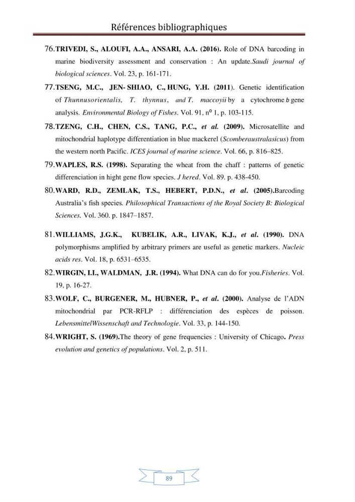 Recherche bibliographique sur les techniques de génétique moléculaire et leurs applications dans l\'identification des especes de poissons :