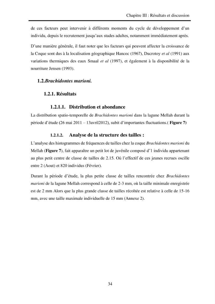 Organisation des populations de Cerastoderma glaucum, Ruditapes decussatus, espèces d’intérêt aquacole dans les élevages extensifs au niveau du lac Mellah (EL Kala).