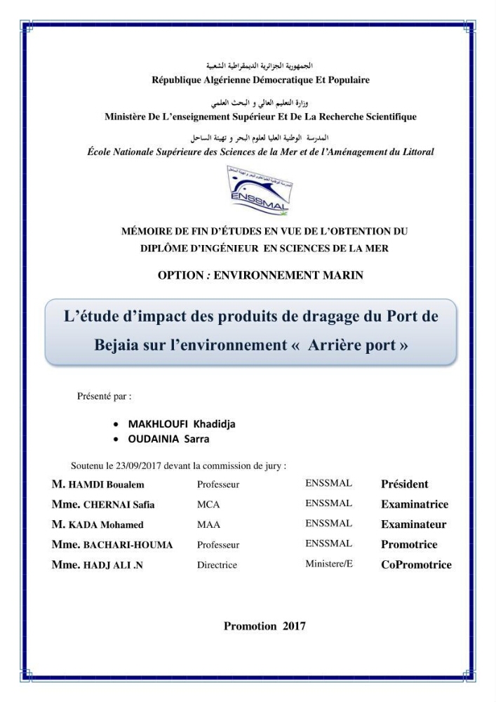 L\'étude d\'impact des produits de dragage du port de Bejaia sur l\'environnement \' arrière port \'