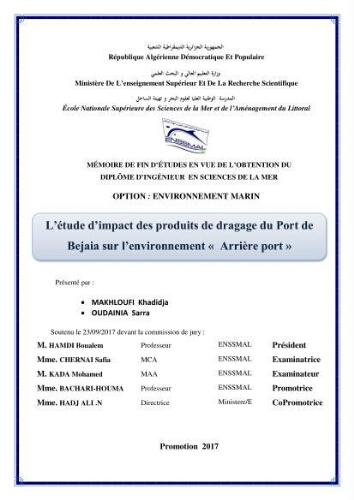 L'étude d'impact des produits de dragage du port de Bejaia sur l'environnement ' arrière port ' L'étude d'impact des produits de dragage du port de Bejaia sur l'environnement ' arrière port '
