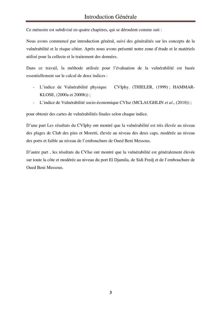 Calcul de l\'indice de vulnérabilité côtière de la baie d\'El Djamila