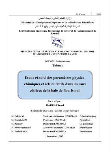 Etude et suivi des paramètres physico-chimiques et sels nutritifs dans les eaux côtières de la baie de Bou-Ismail: Etude et suivi des paramètres physico-chimiques et sels nutritifs dans les eaux côtières de la baie de Bou-Ismail: