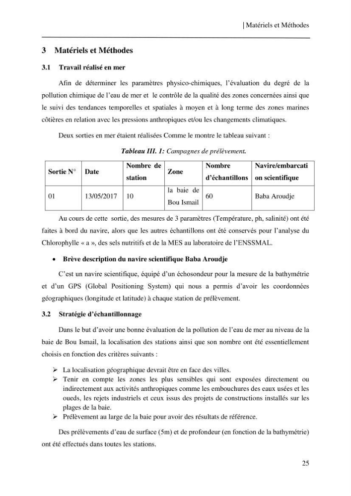 Etude et suivi des paramètres physico-chimiques et sels nutritifs dans les eaux côtières de la baie de Bou-Ismail: