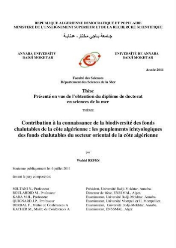 Contribution à la connaissance de la biodiversité des fonds chalutables de la côte algérienne Contribution à la connaissance de la biodiversité des fonds chalutables de la côte algérienne