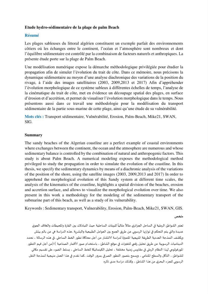 Etude du fonctionnement hydro-sédimentaire De la plage de Palm-Beach