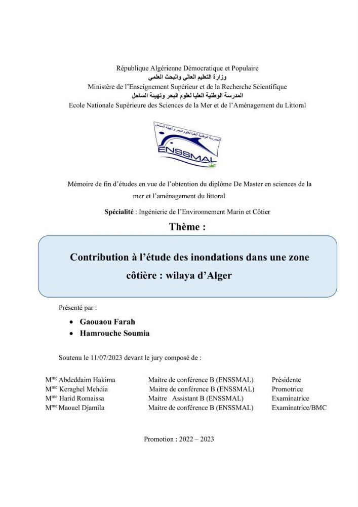 Contribution à l’étude des inondations dans une zone côtière wilaya d’Alger