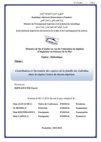 Contribution à l'inventaire des espèces de la famille des Labridae dans la région centre du bassin algérien: Contribution à l'inventaire des espèces de la famille des Labridae dans la région centre du bassin algérien: