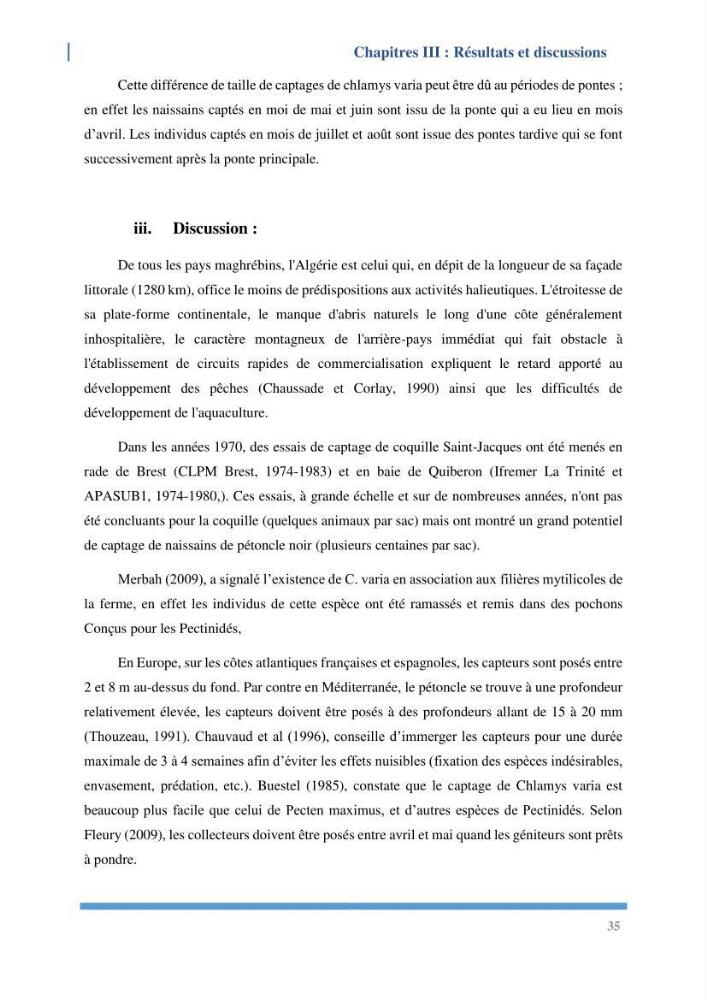 Etude de l’écologie et des Potentialités Aquacoles d’un Mollusque Bivalve Chlamys varia (Linnaeus, 1758) dans la baie de Bou Ismail: