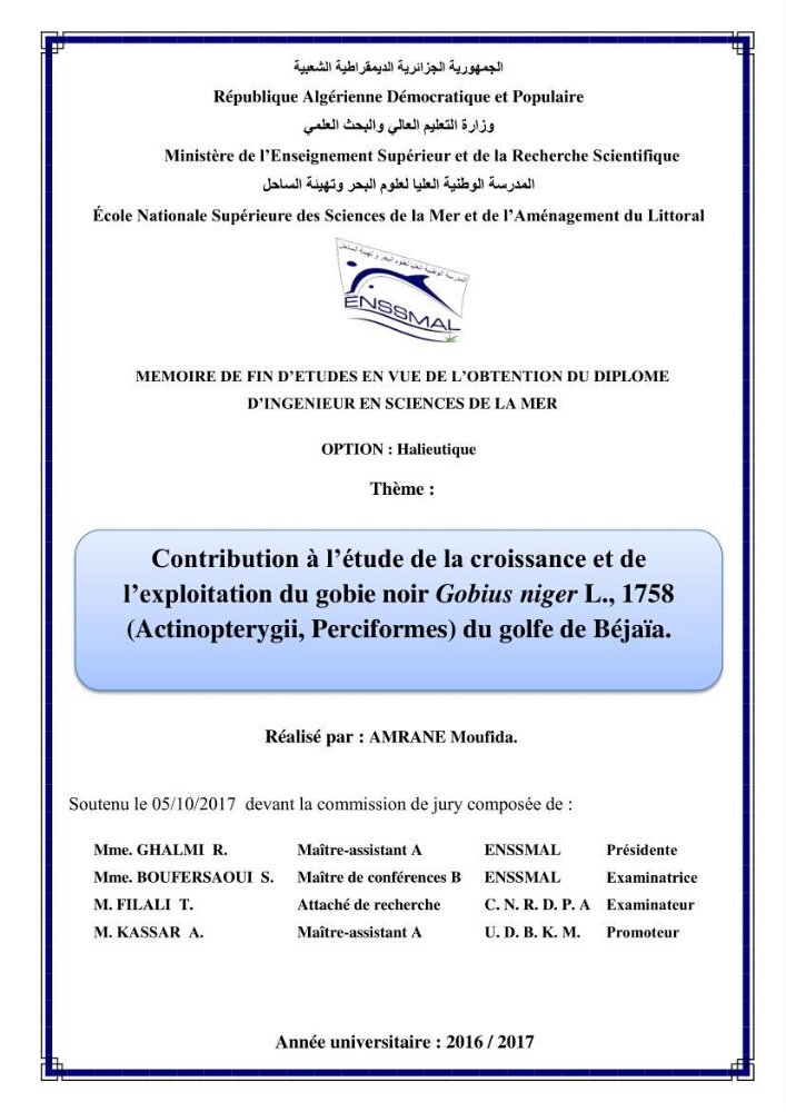 Contribution à l’étude de la croissance et de l’exploitation du gobie noir Gobius niger L., 1758 (Actinopterygii, Perciformes) du golfe de Béjaïa