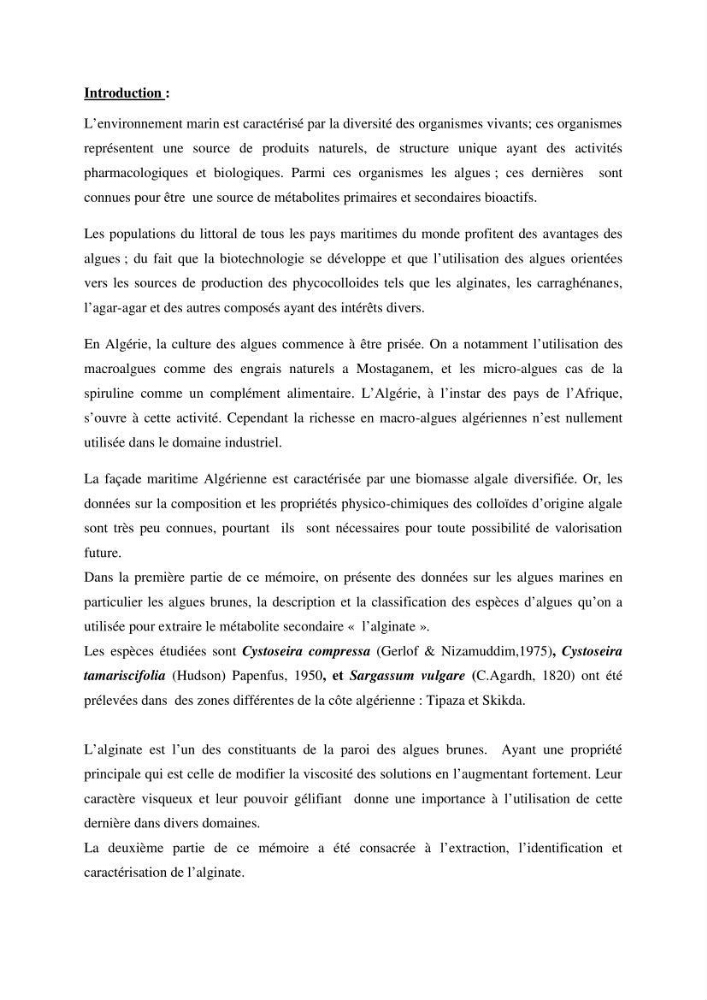 Extraction et identification des alginates à partir d’algues brunes aux possibilités alimentaires et pharmacologiques: