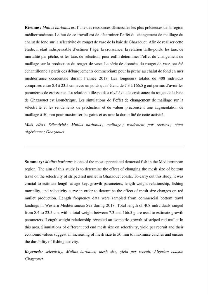 Effet du changement de la sélectivité sur le rendement de la production du rouget de vase Mullus barbatus Linenaeus, 1758 (Actinopteri, Mullidae) dans la baie de Ghazaouet