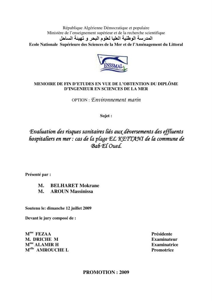 Evaluation des risques sanitaires liés aux déversements des effuents hospitaliers en mer