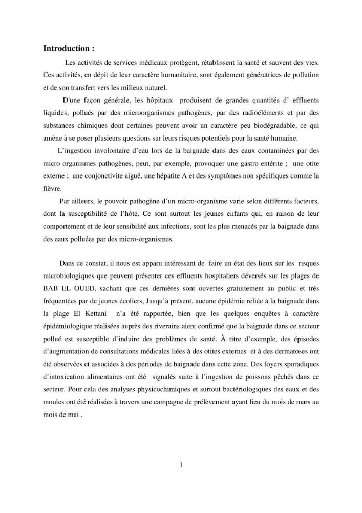 Evaluation des risques sanitaires liés aux déversements des effuents hospitaliers en mer