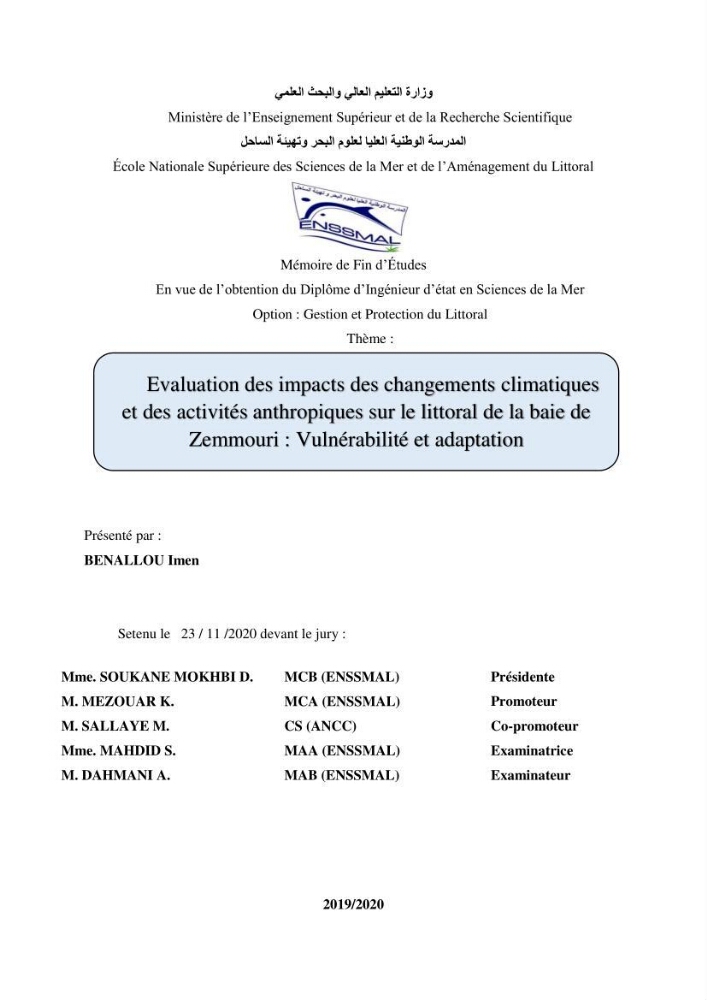 Evaluation des impacts des changements climatiques et des activités anthropiques sur le littoral de la baie de Zemmouri :Vulnérabilité et adaptation
