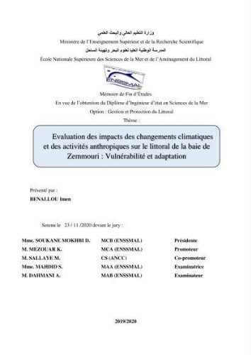 Evaluation des impacts des changements climatiques et des activités anthropiques sur le littoral de la baie de Zemmouri :Vulnérabilité et adaptation Evaluation des impacts des changements climatiques et des activités anthropiques sur le littoral de la baie de Zemmouri :Vulnérabilité et adaptation