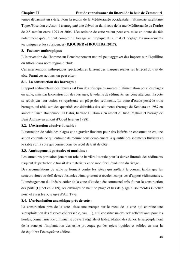 Evaluation des impacts des changements climatiques et des activités anthropiques sur le littoral de la baie de Zemmouri :Vulnérabilité et adaptation