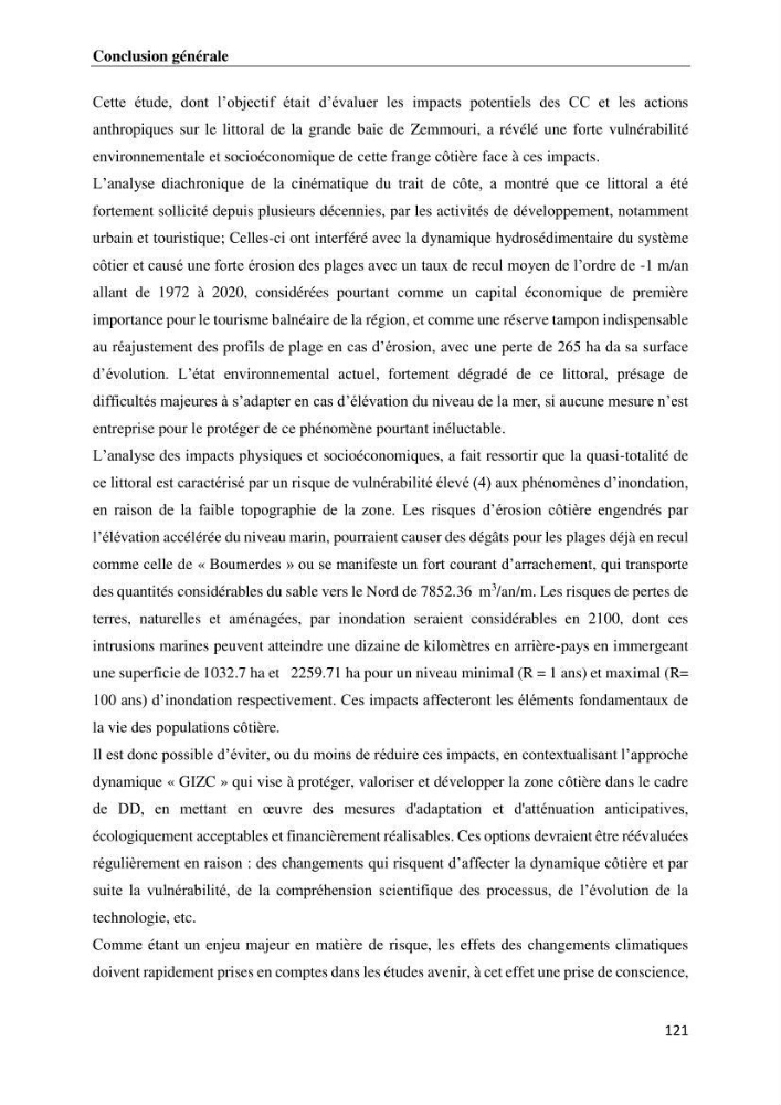 Evaluation des impacts des changements climatiques et des activités anthropiques sur le littoral de la baie de Zemmouri :Vulnérabilité et adaptation