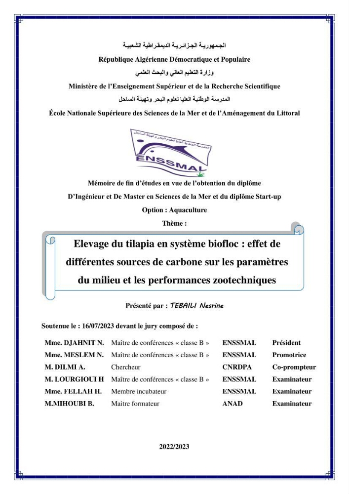 Elevage du Tilapia en système Biofloc effets de différentes sources de carbone sur les paramètres du milieu et les performances zootechniques