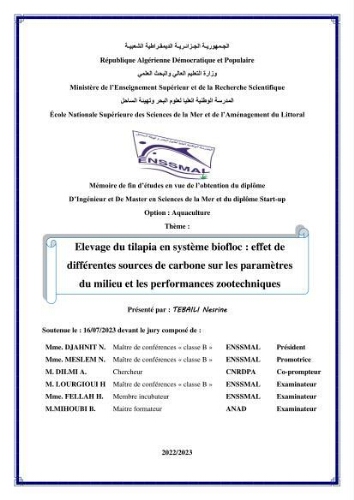 Elevage du Tilapia en système Biofloc effets de différentes sources de carbone sur les paramètres du milieu et les performances zootechniques Elevage du Tilapia en système Biofloc effets de différentes sources de carbone sur les paramètres du milieu et les performances zootechniques