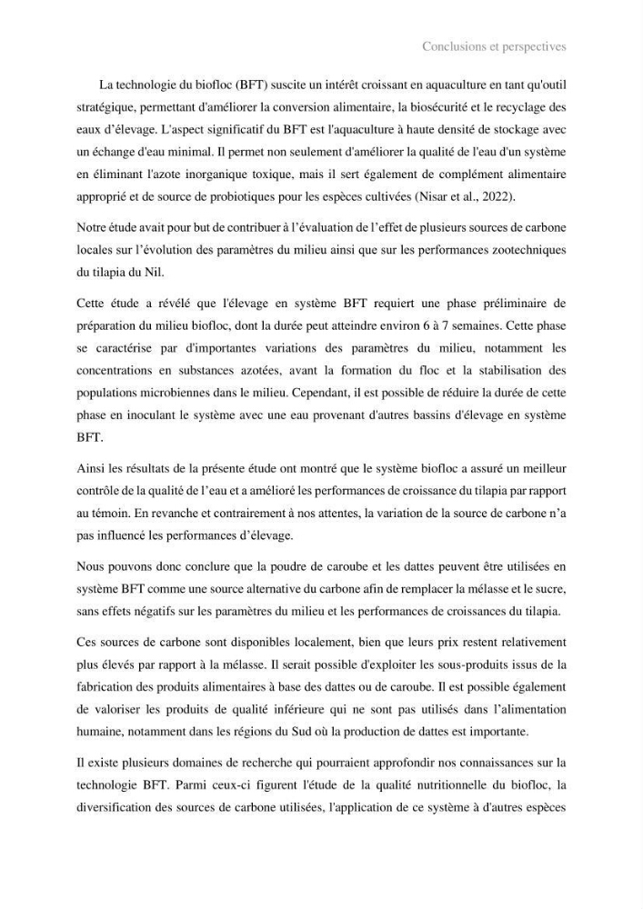 Elevage du Tilapia en système Biofloc effets de différentes sources de carbone sur les paramètres du milieu et les performances zootechniques