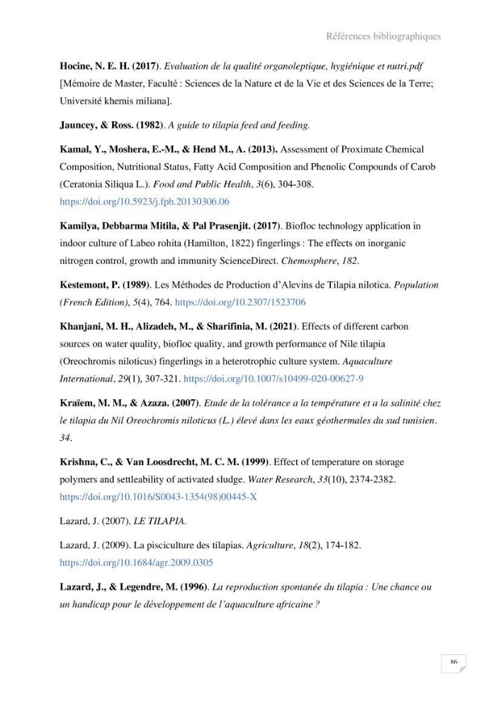 Elevage du Tilapia en système Biofloc effets de différentes sources de carbone sur les paramètres du milieu et les performances zootechniques