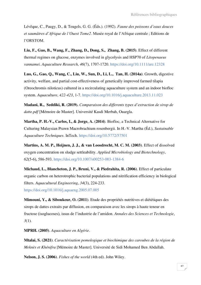 Elevage du Tilapia en système Biofloc effets de différentes sources de carbone sur les paramètres du milieu et les performances zootechniques