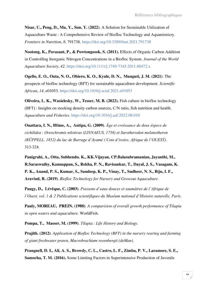 Elevage du Tilapia en système Biofloc effets de différentes sources de carbone sur les paramètres du milieu et les performances zootechniques
