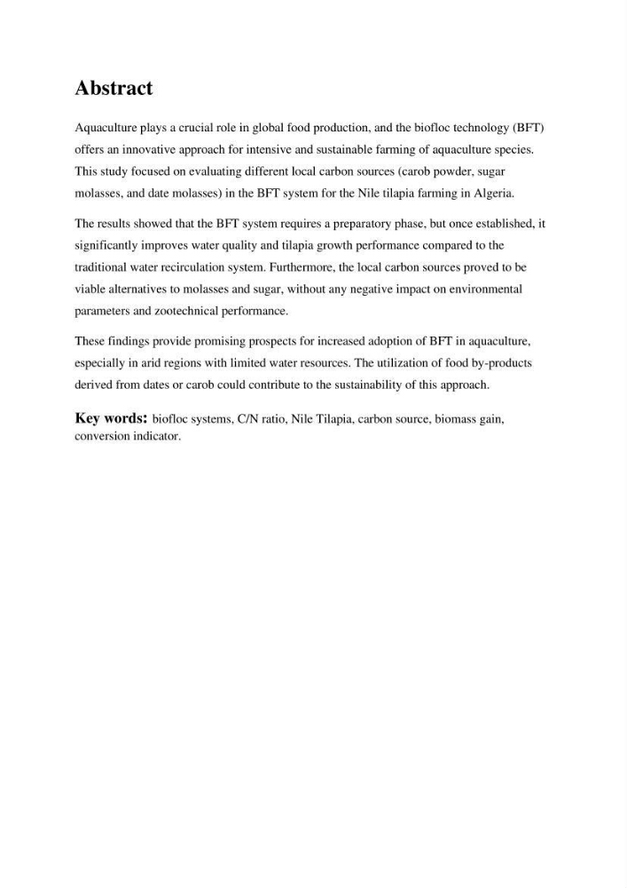 Elevage du Tilapia en système Biofloc effets de différentes sources de carbone sur les paramètres du milieu et les performances zootechniques