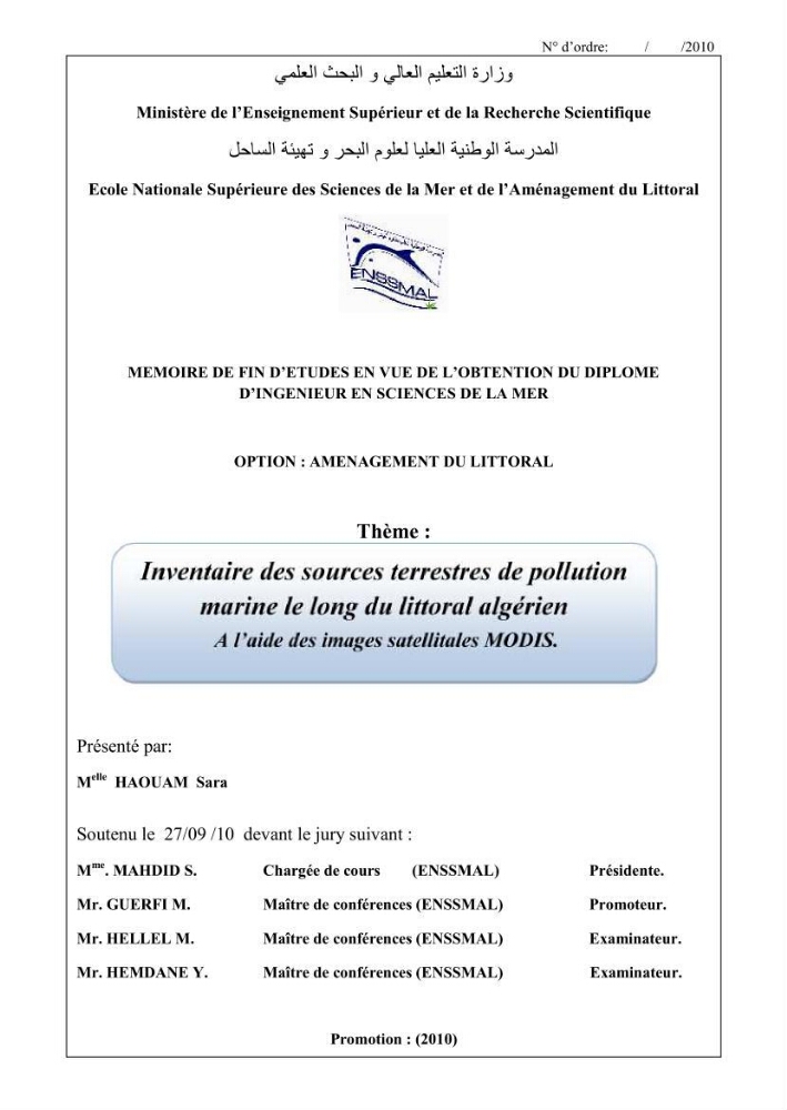 Inventaire des sources terrestres de pollution marine le long du littoral Algérien