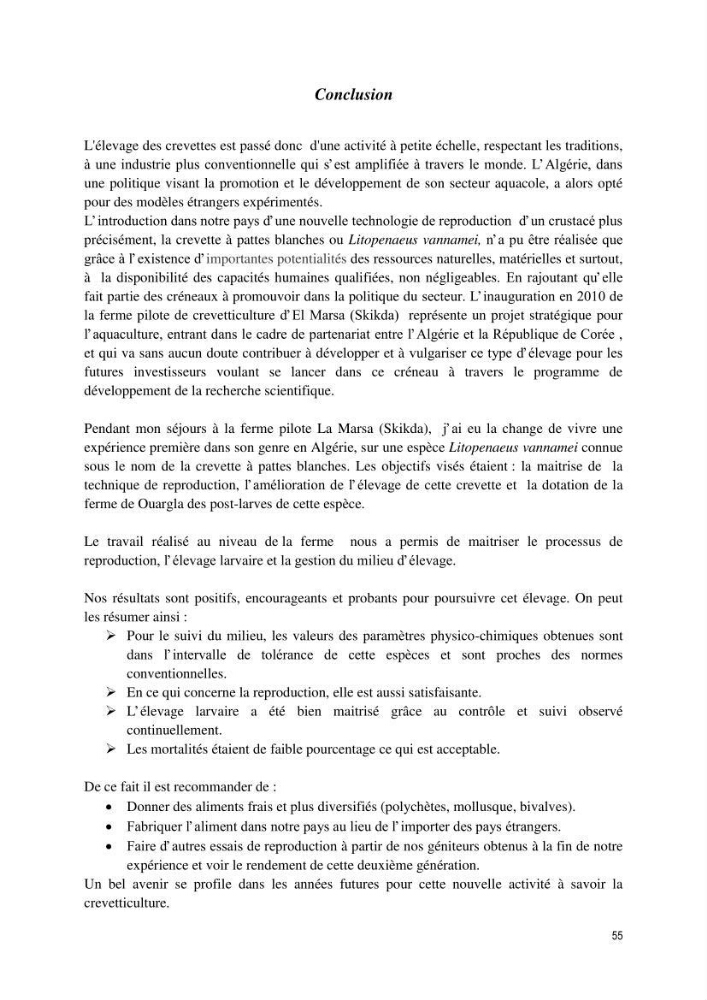 Caracterisation de l\'elevage de la crevette Litopenaeus vannamei ( boone,1931) Ferme Pilote la marsa (Skikda)
