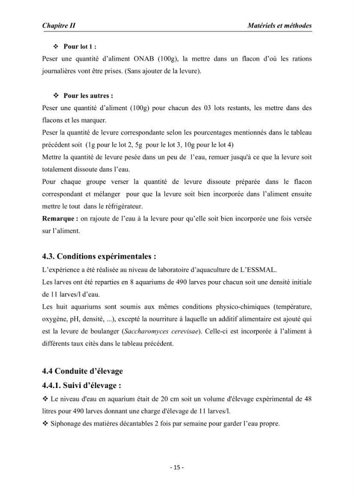 Effet de la levure Saccharomyces cerevisiae incorporée dans l\'aliment sur la croissance des larves de Tilapia nilotica: