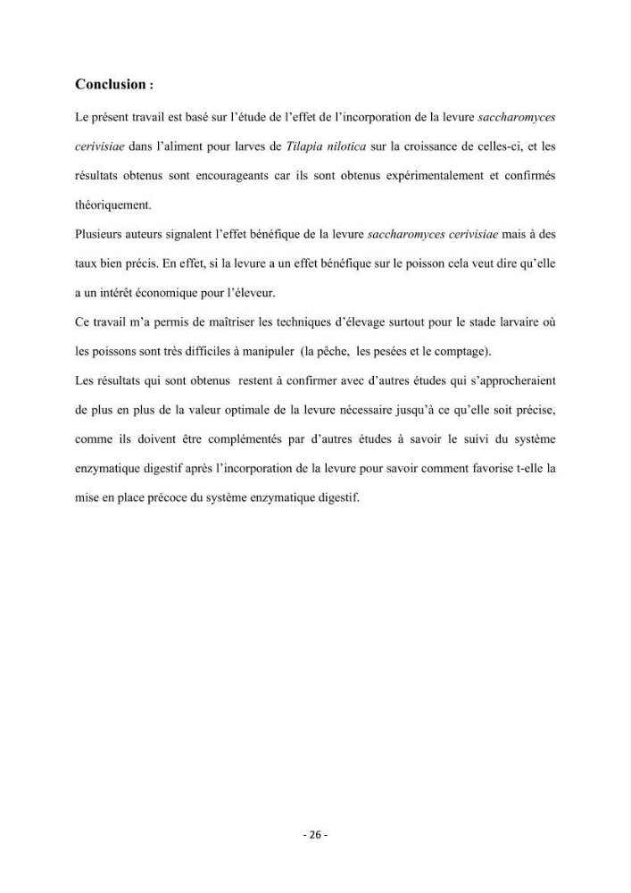 Effet de la levure Saccharomyces cerevisiae incorporée dans l\'aliment sur la croissance des larves de Tilapia nilotica: