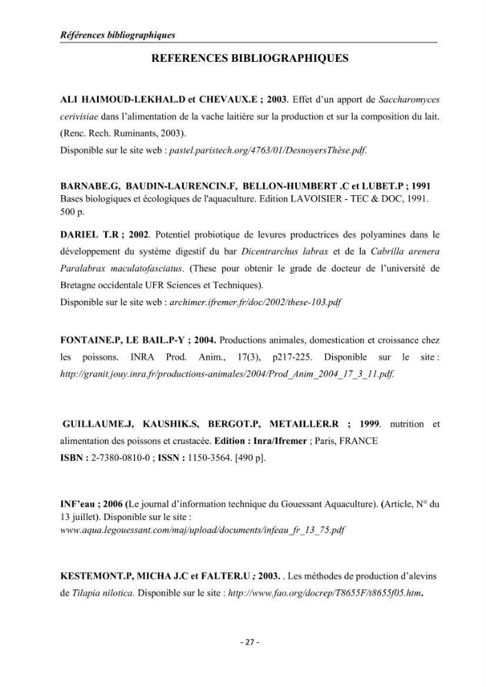Effet de la levure Saccharomyces cerevisiae incorporée dans l\'aliment sur la croissance des larves de Tilapia nilotica: