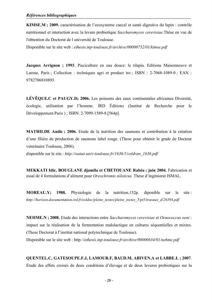 Effet de la levure Saccharomyces cerevisiae incorporée dans l\'aliment sur la croissance des larves de Tilapia nilotica:
