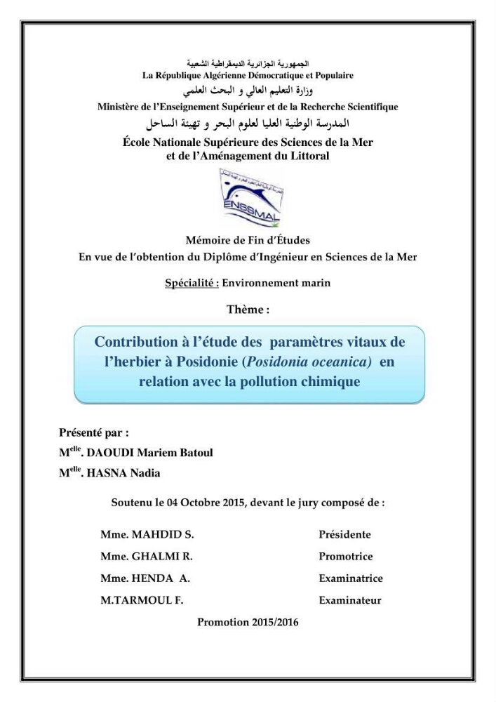 Contribution à l\'étude des paramètres vitaux de l\'herbier à posidonie ( Posidonia oceanica) en relation avec la pollution chimique
