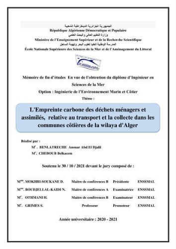L'Empreinte carbone des déchets ménagers et assimilés, relative au transport et la collecte dans les communes côtières de la wilaya d'Alger L'Empreinte carbone des déchets ménagers et assimilés, relative au transport et la collecte dans les communes côtières de la wilaya d'Alger