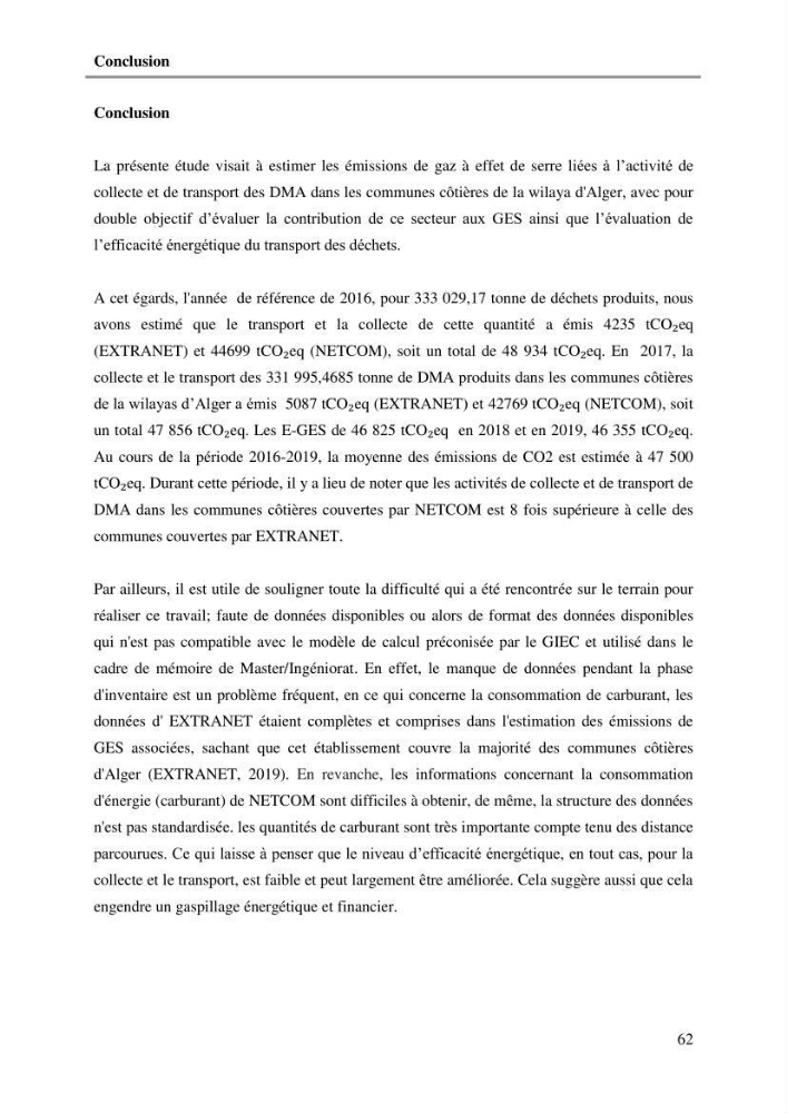 L\'Empreinte carbone des déchets ménagers et assimilés, relative au transport et la collecte dans les communes côtières de la wilaya d\'Alger