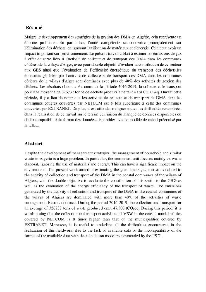 L\'Empreinte carbone des déchets ménagers et assimilés, relative au transport et la collecte dans les communes côtières de la wilaya d\'Alger