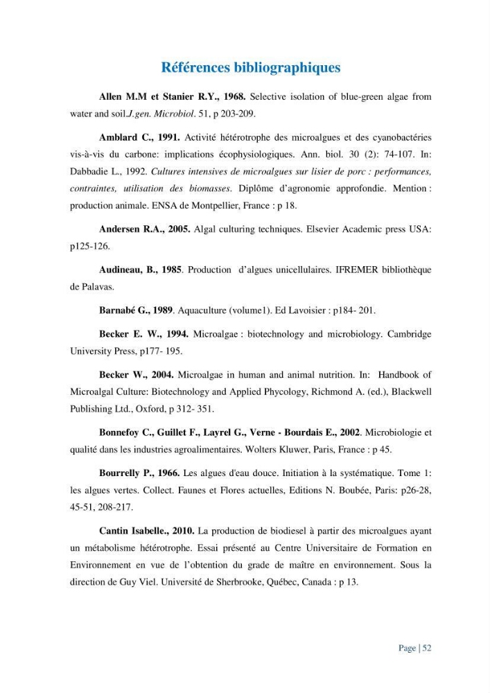 Contribution à la culture des espèces de microalgues d\'eau douce à intérêt aquacole