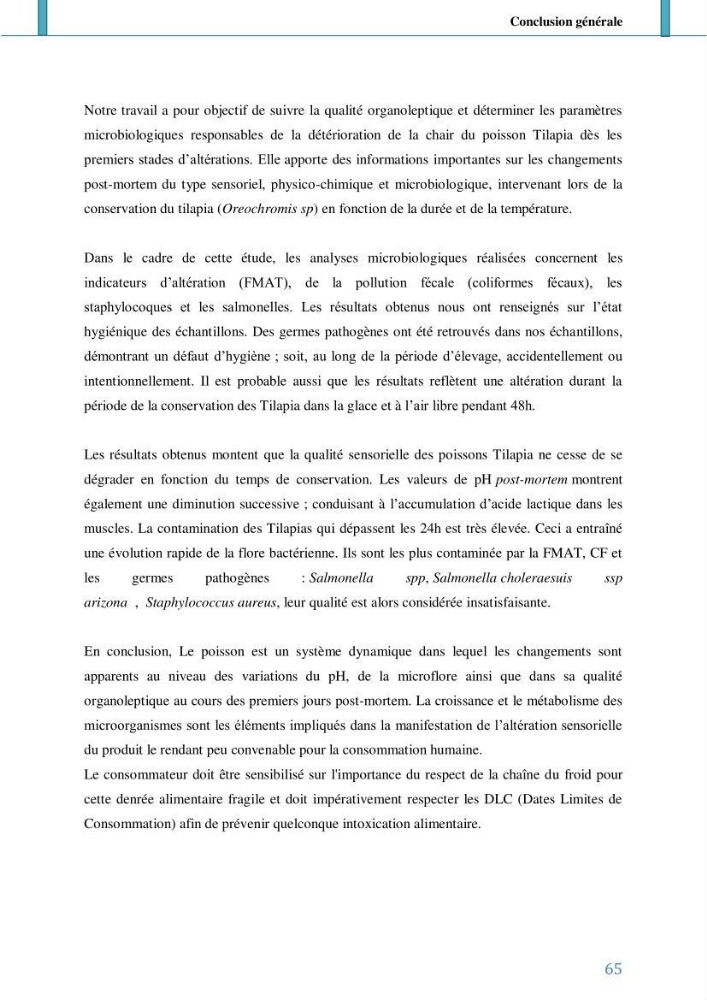 Suivi de l’évaluation de la qualité de fraicheur des poissons d’eau douce et leur valorisation par des procédés traditionnels