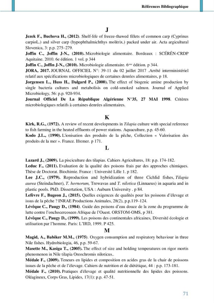 Suivi de l’évaluation de la qualité de fraicheur des poissons d’eau douce et leur valorisation par des procédés traditionnels