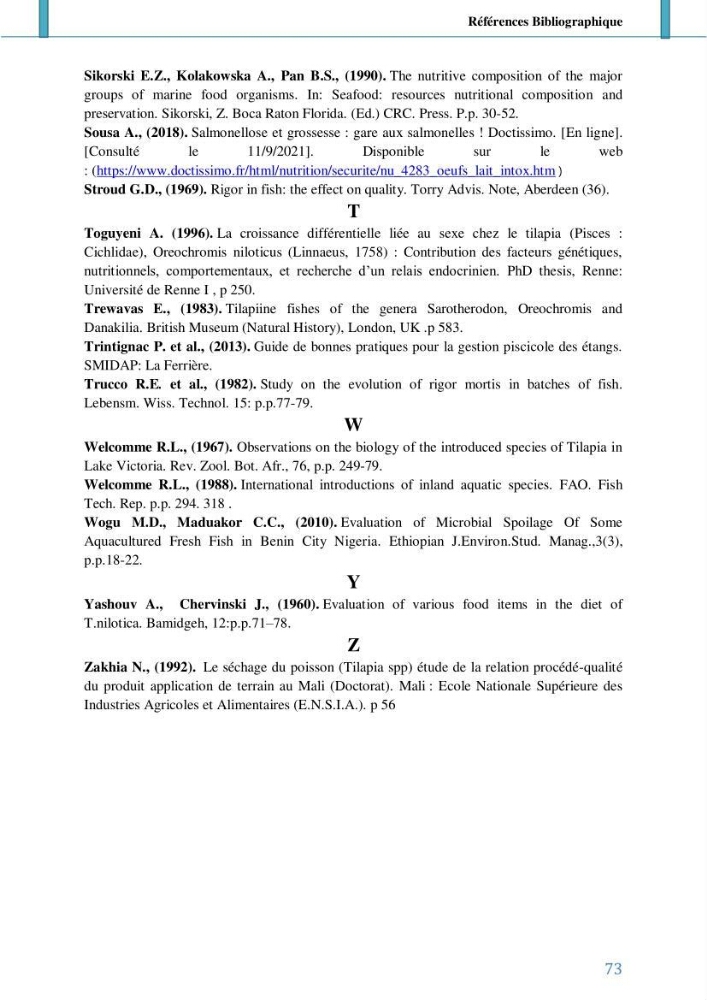 Suivi de l’évaluation de la qualité de fraicheur des poissons d’eau douce et leur valorisation par des procédés traditionnels