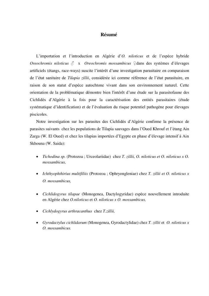 Investigation préliminaire sur la parasitofaune de trois cichlides d\'Algérie