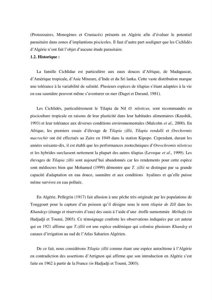 Investigation préliminaire sur la parasitofaune de trois cichlides d\'Algérie