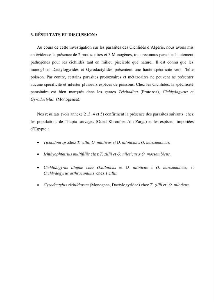 Investigation préliminaire sur la parasitofaune de trois cichlides d\'Algérie