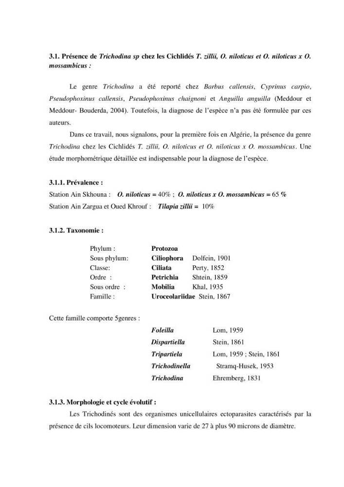 Investigation préliminaire sur la parasitofaune de trois cichlides d\'Algérie