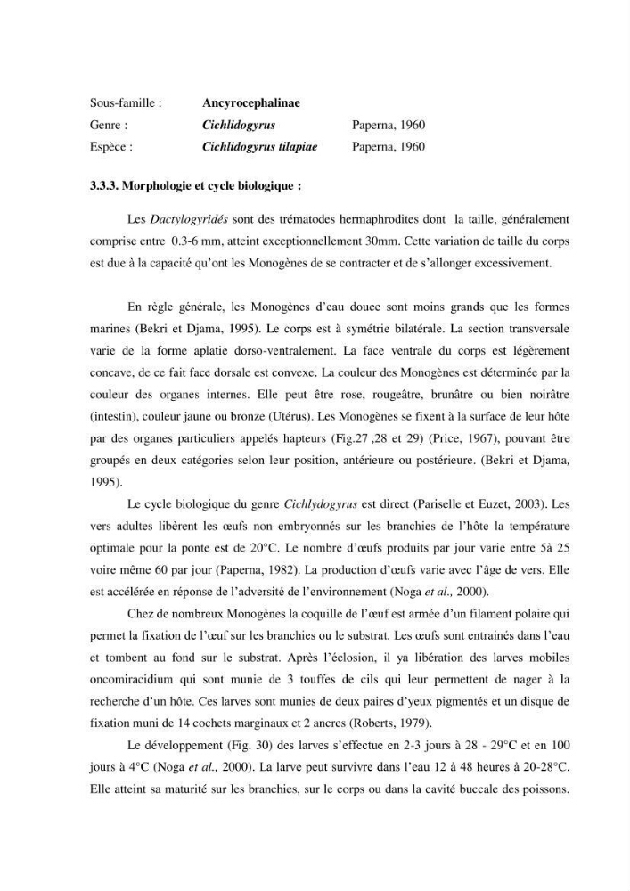 Investigation préliminaire sur la parasitofaune de trois cichlides d\'Algérie
