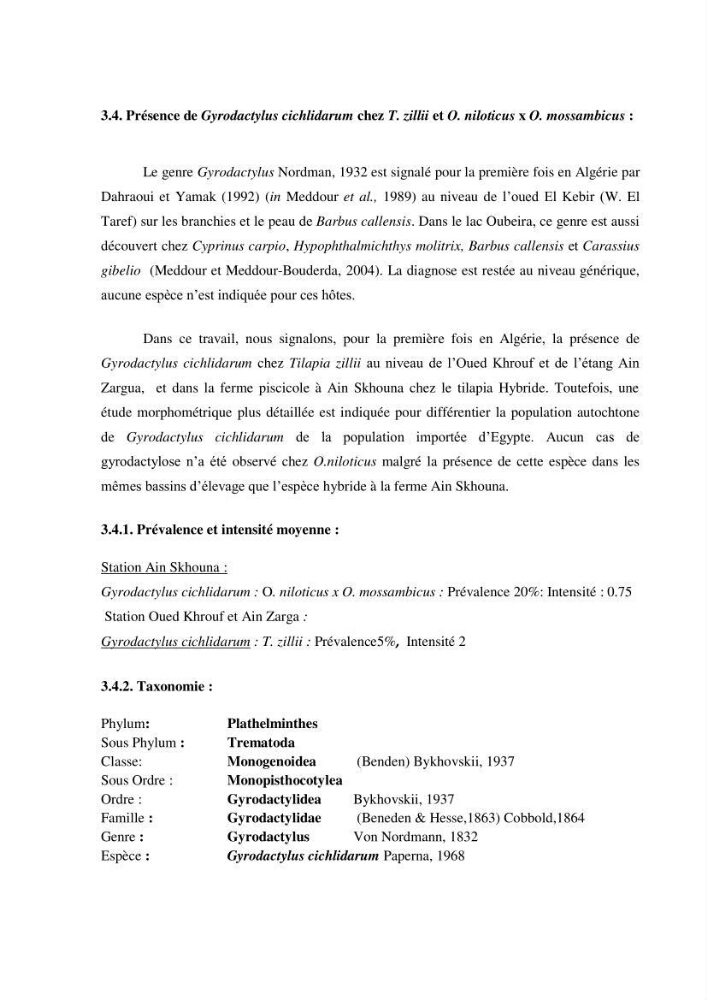 Investigation préliminaire sur la parasitofaune de trois cichlides d\'Algérie