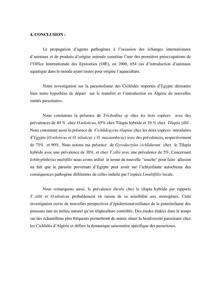 Investigation préliminaire sur la parasitofaune de trois cichlides d\'Algérie
